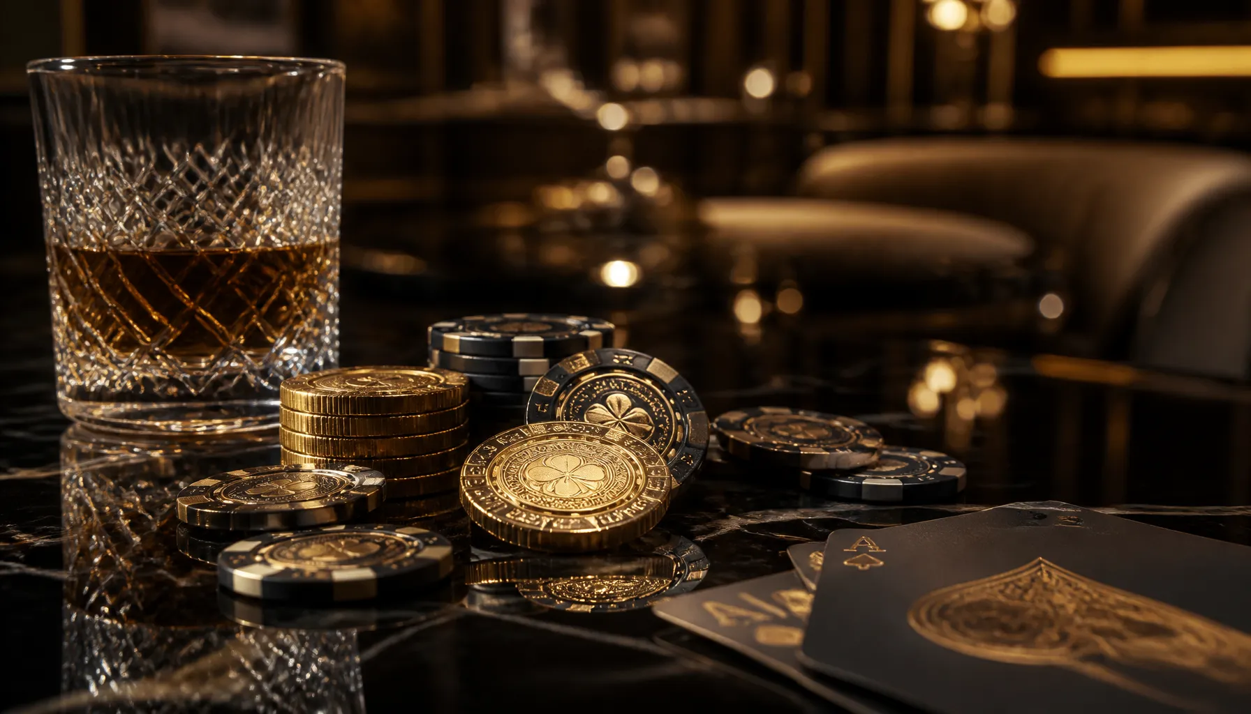A cinematic close-up of an ornate golden key resting on aged marble with soft jewel-toned ambient light